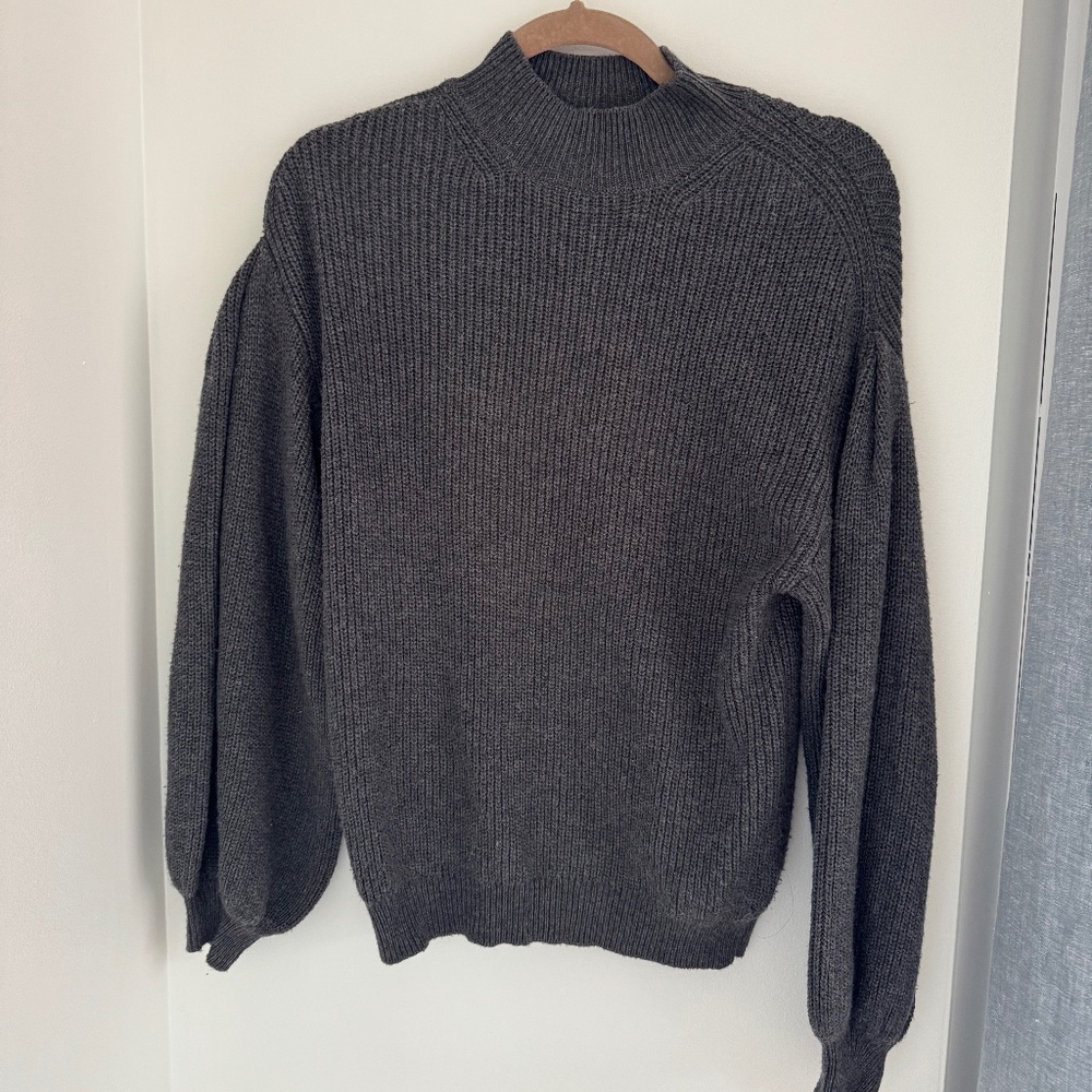 Gray Ribbed Knit Mockneck Sweater